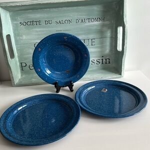 Bundle Blue Speckled Enamelware Dinner Plates (2) and A Soup Bowl Cinso & Tres